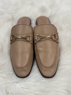 Zara Leather Slip-On Mules with Gold Bit - Beige